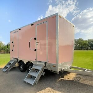 Remorque Sanitaire Mobile Double Cabine Rose – Toilettes Portables avec Escaliers